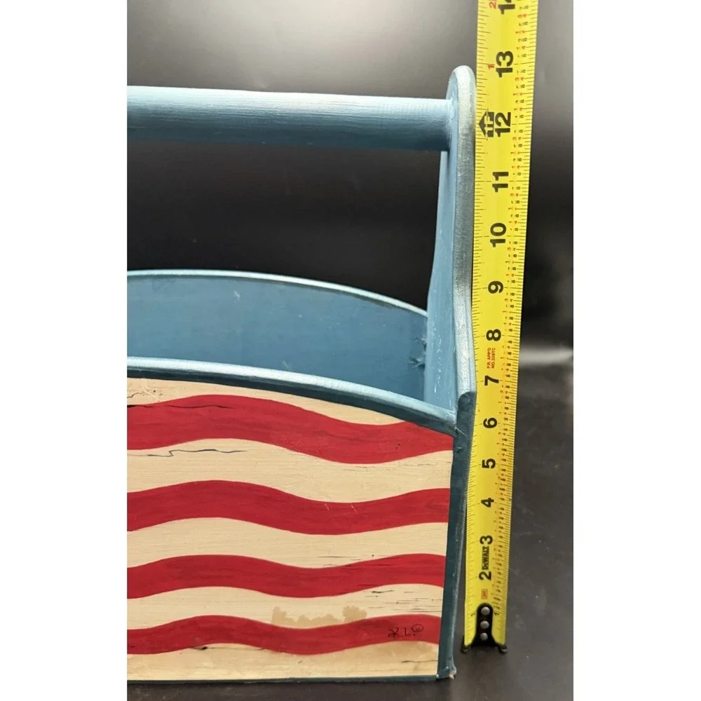 Americana Patriotic Wooden Storage Caddy Basket Tote Hand Painted Flag Decor